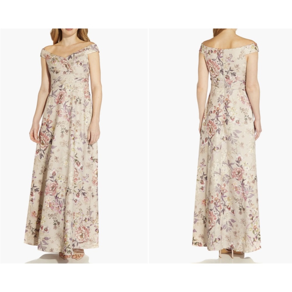 Adriana Pappel grey off shoulder jacquard gown/ two available, size 2 and size 8